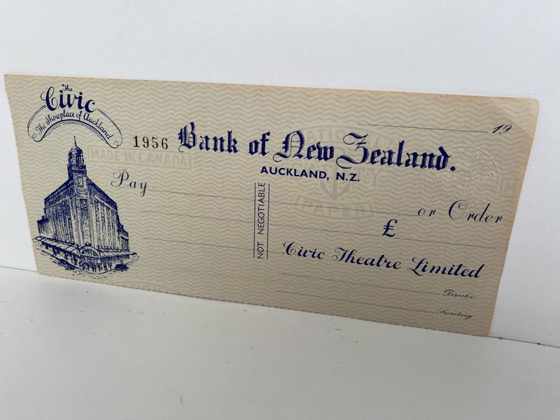 OLD BANKING MEMORABILIA: Blank bank cheque issued by BNZ Bank, Auckland Carousel 2