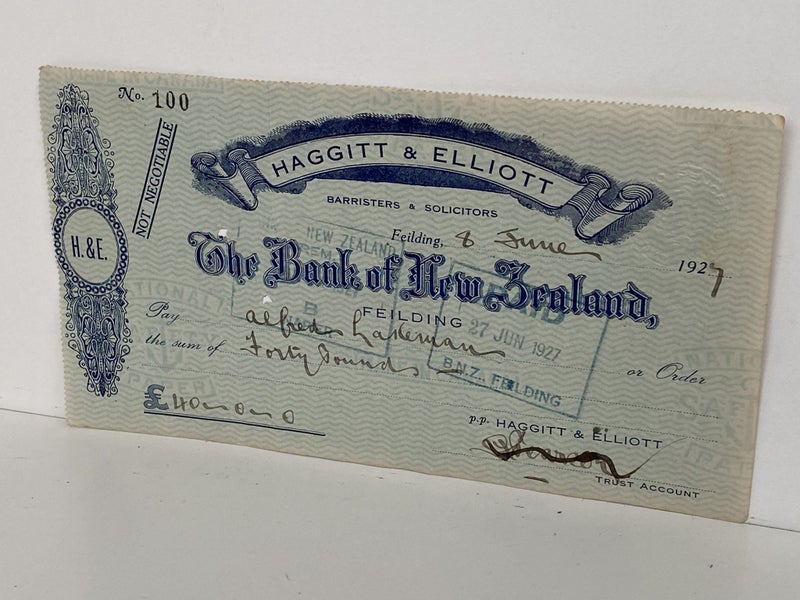 OLD BANKING MEMORABILIA: Bank cheque issued by BNZ Bank, Feilding 1927 Carousel 2