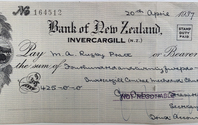 OLD BANKING MEMORABILIA: Bank cheque issued by BNZ Bank, Invercargill 1937 Carousel 1