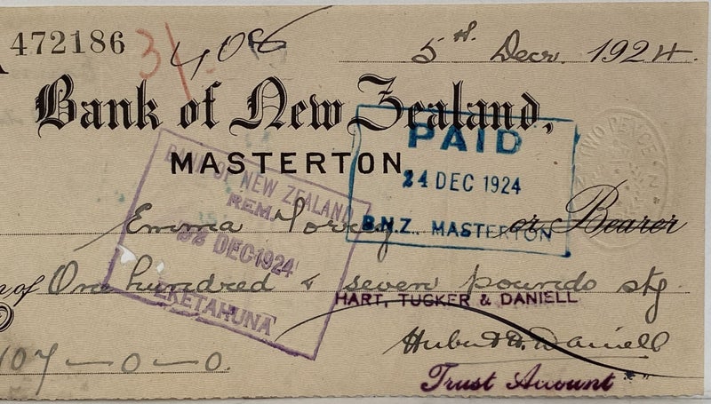 OLD BANKING MEMORABILIA: Bank cheque issued by BNZ Bank, Masterton 1924 Carousel 1