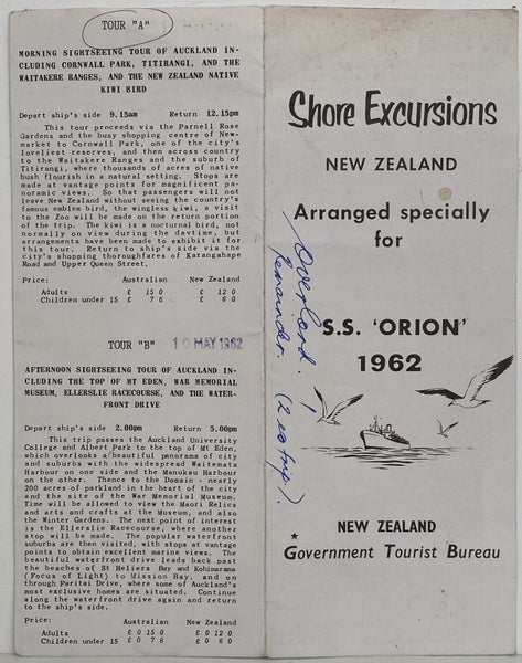 MARITIME MEMORABILIA: Shore excursions for New Zealand for S.S Orion 1962 Carousel 1