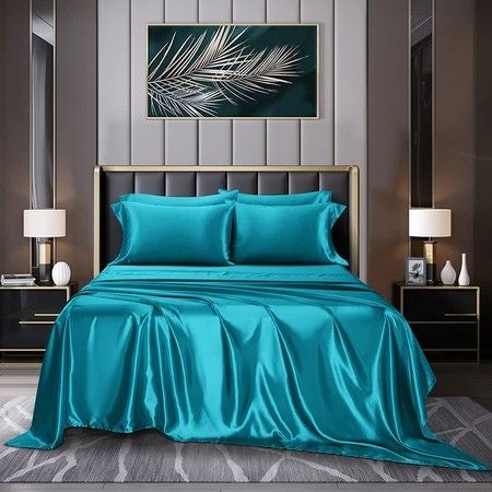 4 Piece Satin Bedding Sheet Pillowcase Sets Luxury Rich Silk Silky Super Soft Carousel 1
