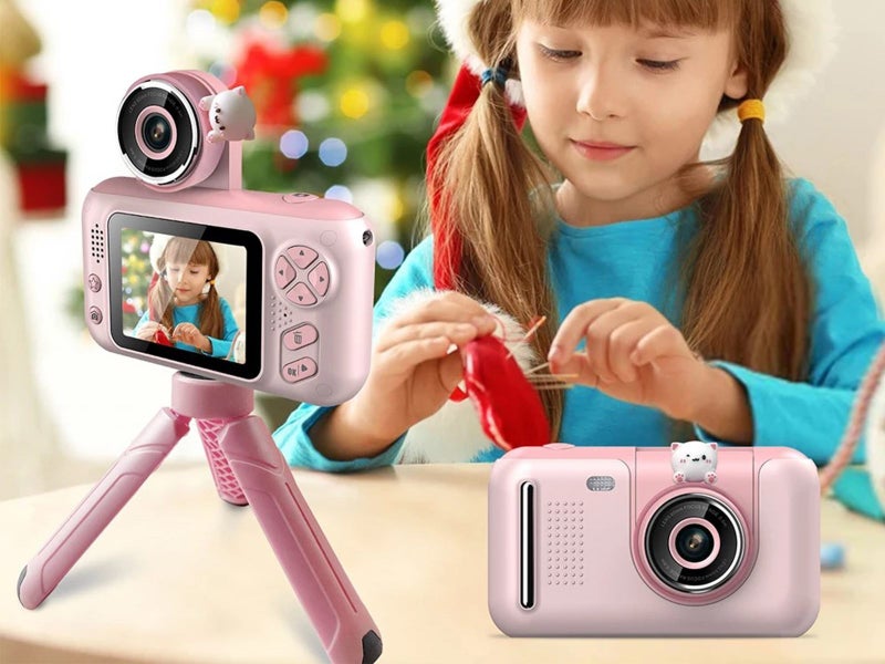 1080P HD Kids Selfie Flip Lens 2000W Pixel Camera with 32GB Card and Tripod Pink Carousel 5