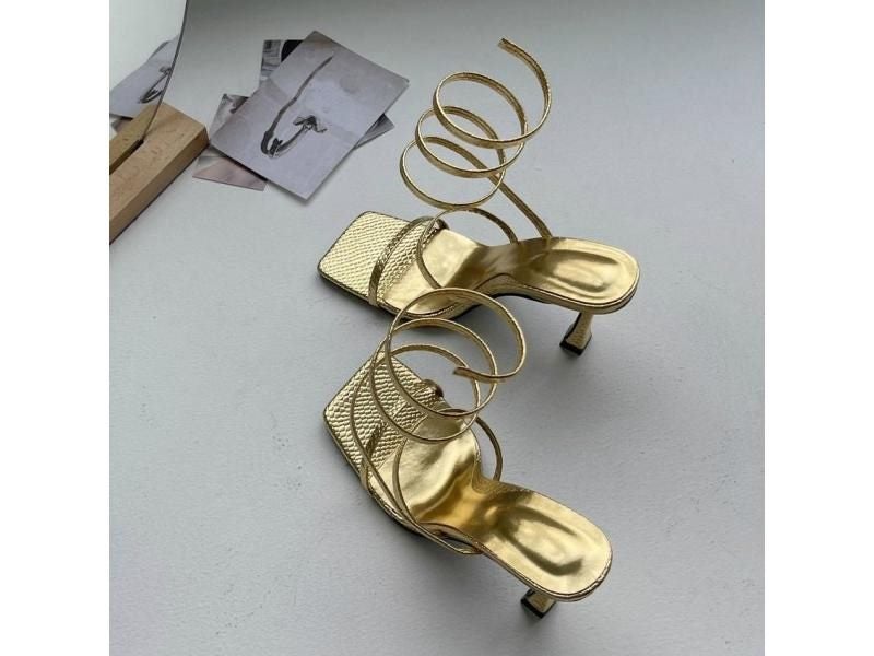 Fashion Gold Women High Heels Sandals Thin Low Heel Narrow Band Rome Sandal Carousel 1