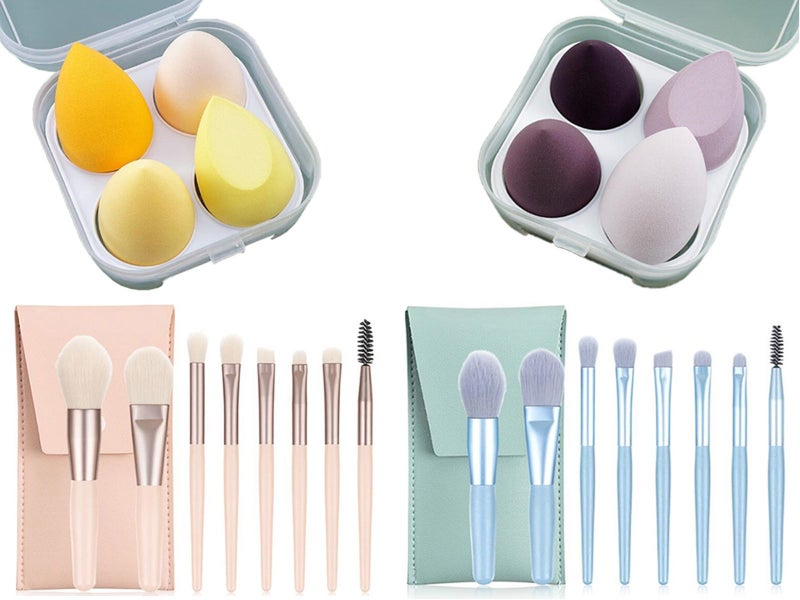 24Pcs Beige Blue Mini Makeup Brushes and Yellow Purple Makeup Sponge Egg Carousel 1