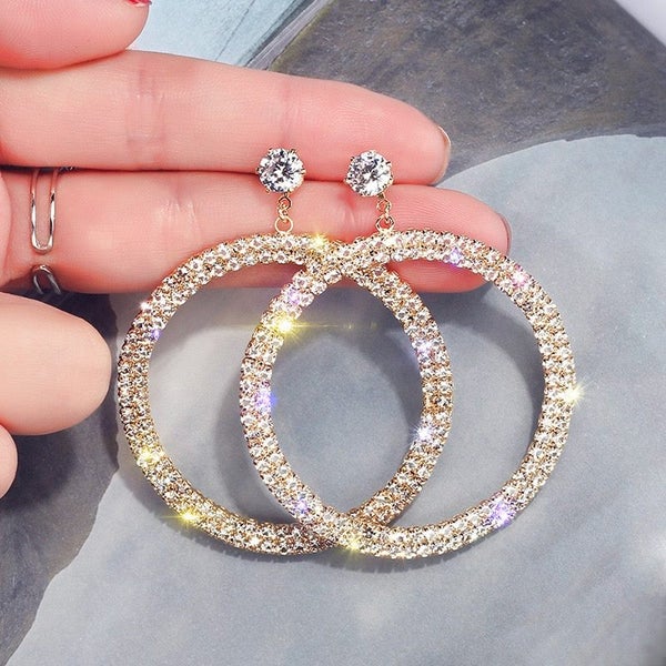 $1 reserve Gorgeous golden diamond design earrings with artificial crystal Carousel 1