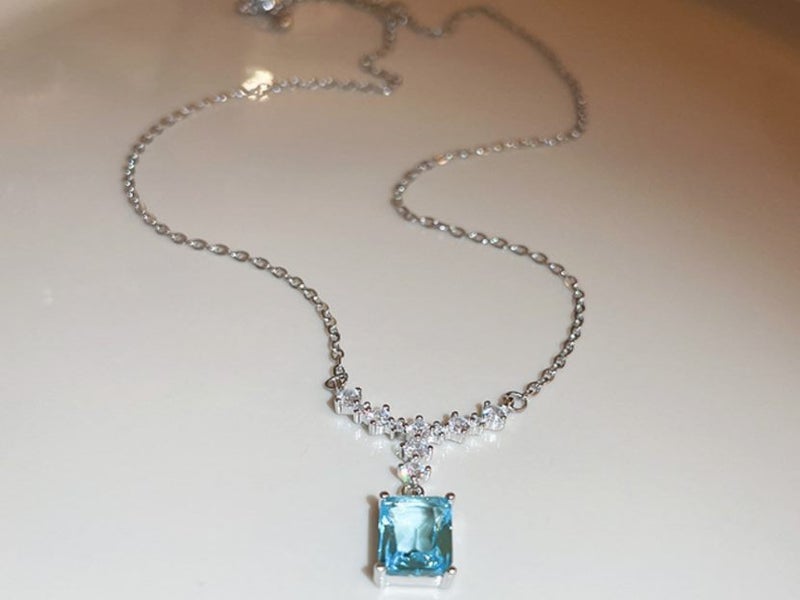 Rectangle Pendant Necklace Blue Topaz Cubic Zirconia Sapphire Necklace Carousel 1
