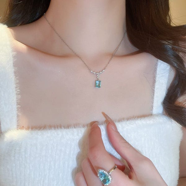 Rectangle Pendant Necklace Blue Topaz Cubic Zirconia Sapphire Necklace Carousel 2