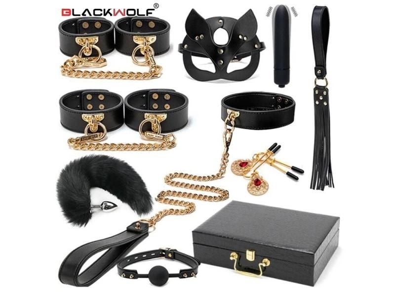 BLACKWOLF BDSM Bondage Kits Genuine Leather Restraint Set Handcuffs Collar Gag Carousel 2
