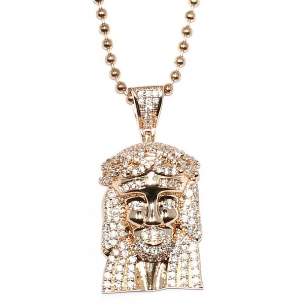 Rose Gold Plated CZ Micro Jesus Piece With 30 Inch Ball Chain Carousel 1