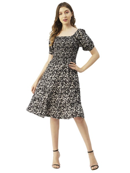 Moomaya Solid Square Neck Tiered Dress, Knee Length Flared Smocked Summer Carousel 1
