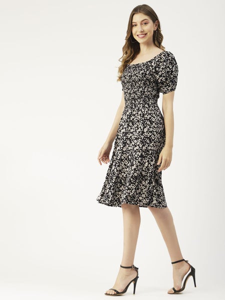 Moomaya Solid Square Neck Tiered Dress, Knee Length Flared Smocked Summer Carousel 8