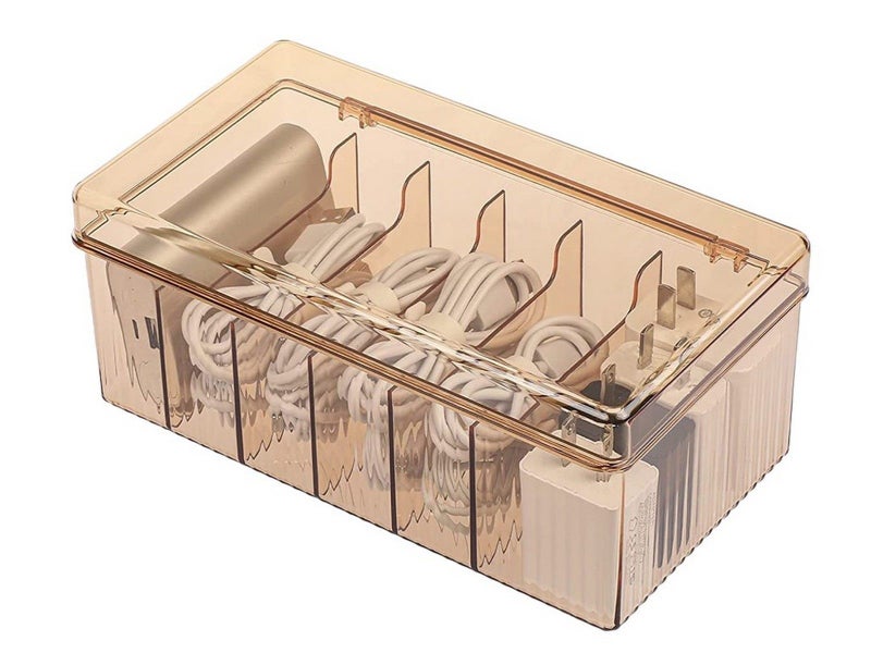 6 Compartments Data Cable Management Box Charger Organizer Box with Lid Brown Carousel 1