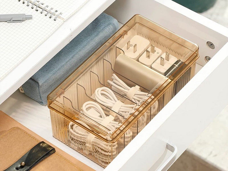 6 Compartments Data Cable Management Box Charger Organizer Box with Lid Brown Carousel 2
