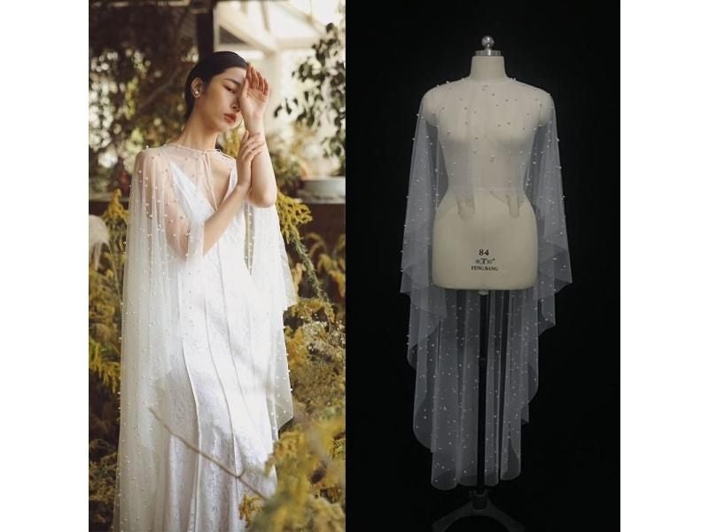 Pearls High Low Wedding Wrap Tulle Prom Party Shawl BOLERO Bridal Cape Elegant Carousel 1
