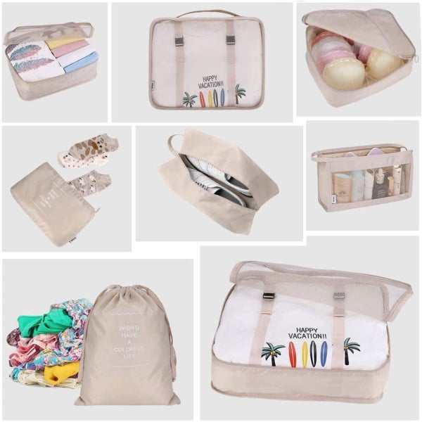 8Pcs Waterproof Travel Luggage Bags Clothes Packing Cube Organizer (Beige) Carousel 8