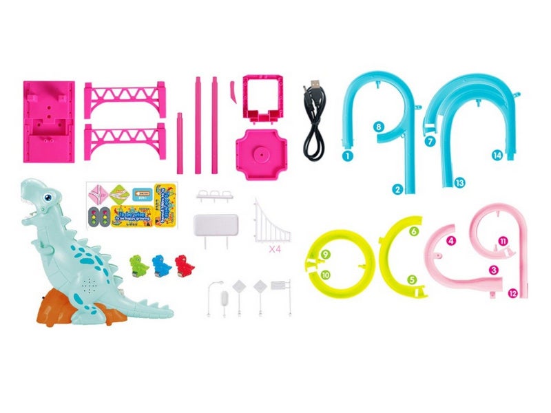 2 X Electric Dinosaur Race Track Toy Set with Music and Lights Slide Railcar Toy Carousel 7