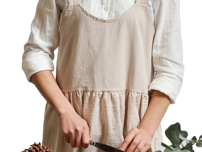 Beige Cotton Linen Aprons Cross Back Apron with Pockets for Kitchen Flower Shop Carousel 4
