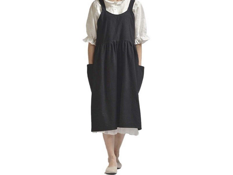 Black Cotton Linen Aprons Cross Back Apron with Pockets for Kitchen Flower Shop Carousel 1