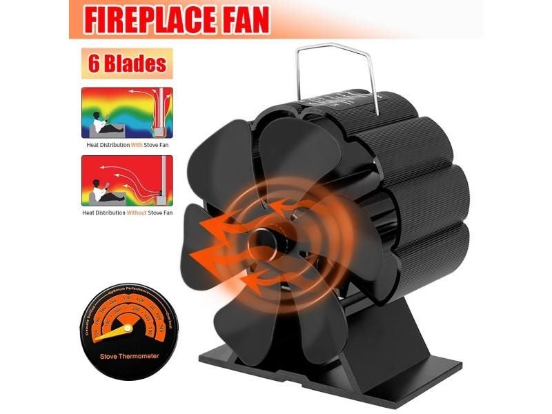 6 Blades Heat Powered Stove Fan Black Fireplace Log Wood Burner Eco Quiet Home Carousel 2