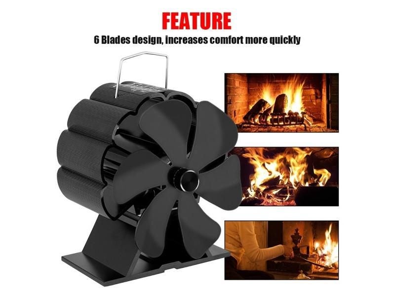 6 Blades Heat Powered Stove Fan Black Fireplace Log Wood Burner Eco Quiet Home Carousel 1