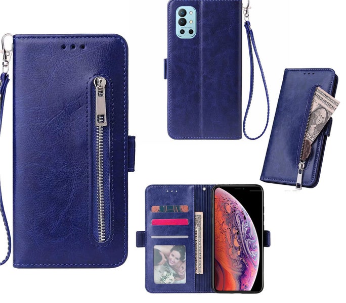 Oneplus 9R PU leather wallet case card slots zip side magnet blue Carousel 1