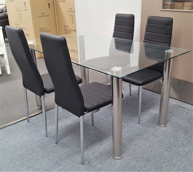 Melody Dining Table Clear Glass 1.5mX0.9m with 4 Black Mila Dining Chairs Carousel 1
