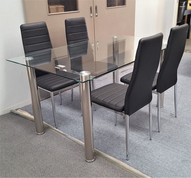 Melody Dining Table Clear Glass 1.5mX0.9m with 4 Black Mila Dining Chairs Carousel 2