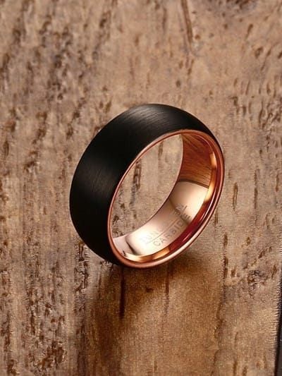 Men's Tungsten Minimalist Band Ring in Gun-Metal Black and 14K Rose Gold Carousel 2
