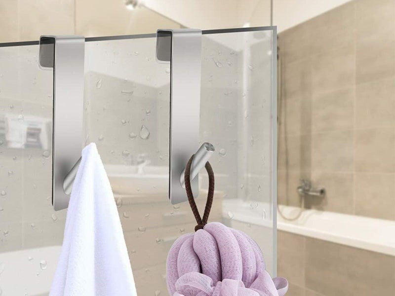 2Pcs Bathroom Over Door Hook Glass Door Hook Stainless Steel Towel Hanger Silver Carousel 2