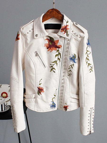 Floral Print Embroidery Faux Soft PU Leather Jacket Carousel 1