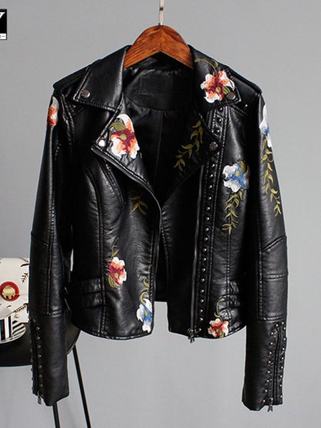 Floral Print Embroidery Faux Soft PU Leather Jacket Carousel 2