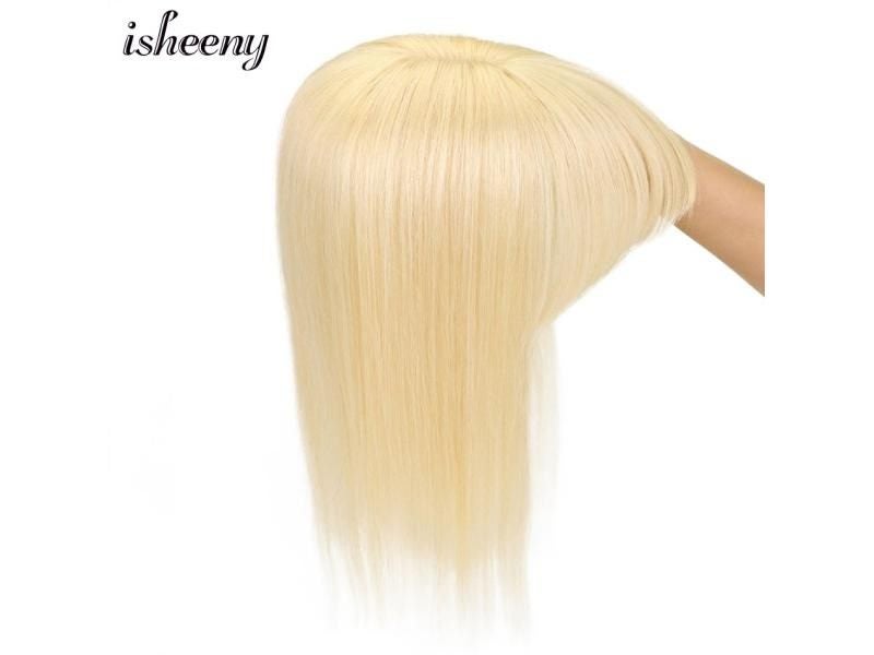 8"-18" Blonde Natural Human Hair Topper Bangs Toupee Women Clip In Hair Pieces Carousel 2