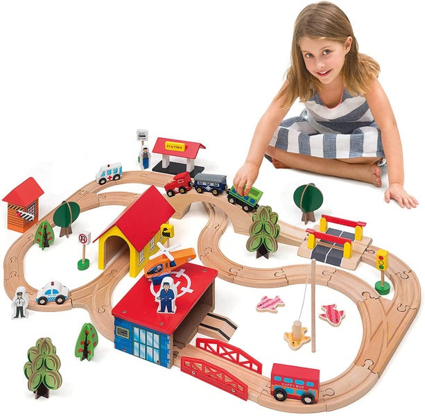 69 Pieces Wooden Train Tracks & Trains Construction Toys Carousel 1