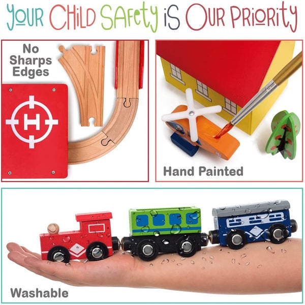 69 Pieces Wooden Train Tracks & Trains Construction Toys Carousel 2