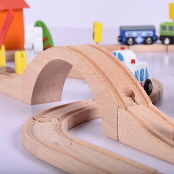 69 Pieces Wooden Train Tracks & Trains Construction Toys Carousel 10