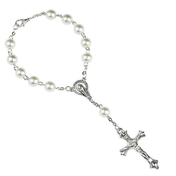 Catholic Rosary Bracelet White Pearl Christ Cross Jesus Our Lady Bracelet Carousel 1