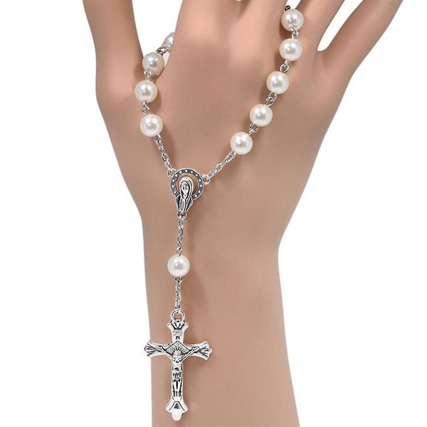 Catholic Rosary Bracelet White Pearl Christ Cross Jesus Our Lady Bracelet Carousel 2