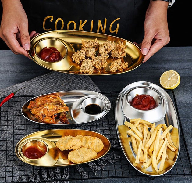 2 Grids Stainless Steel Dinner Tray Lunch Container Snack Plate Carousel 1