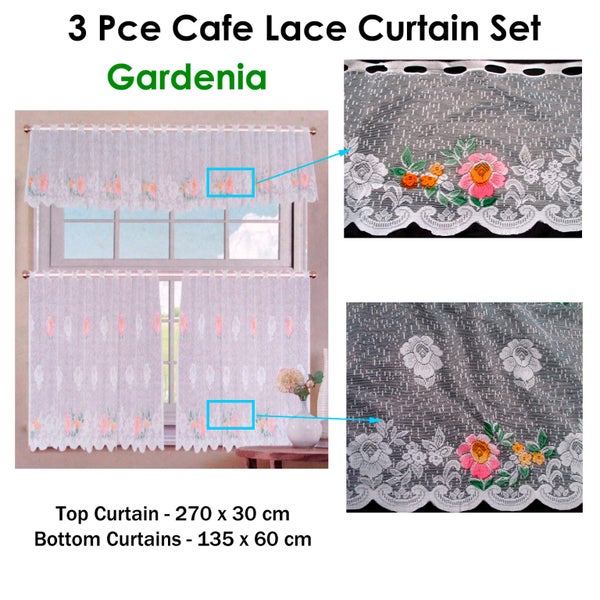 3 Pce Cafe Gardenia Lace Curtain Set Carousel 2