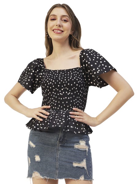 Moomaya Women Solid Cotton Short Sleeves Crop Top, Smocked Casual Peplum Carousel 1