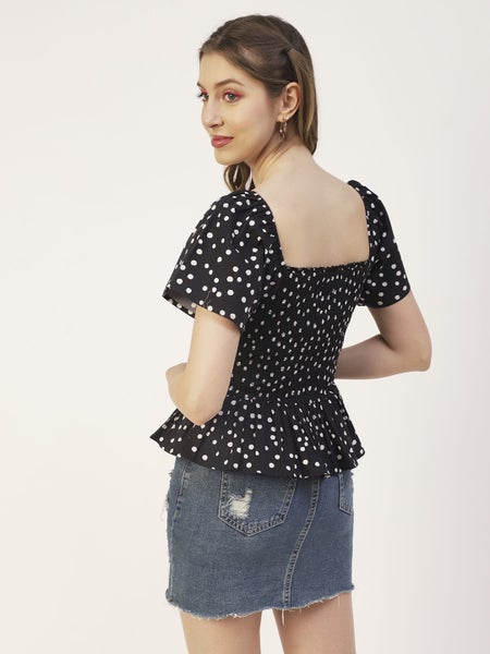 Moomaya Women Solid Cotton Short Sleeves Crop Top, Smocked Casual Peplum Carousel 2