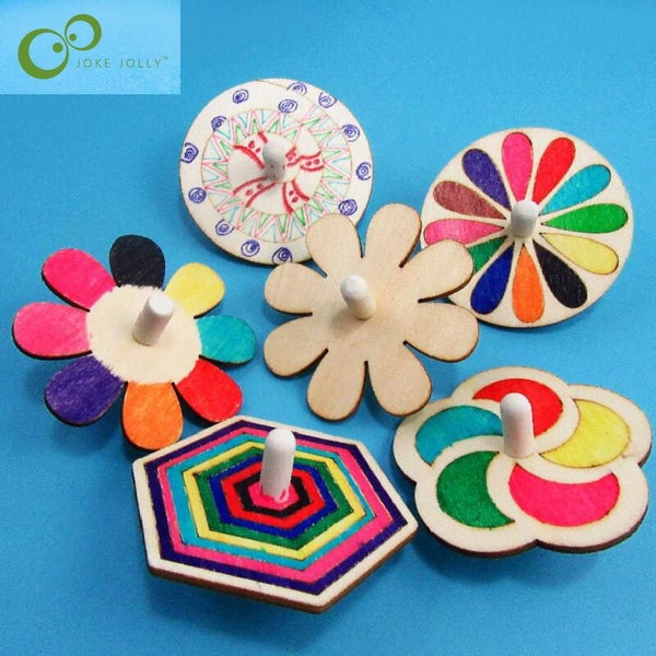 6pcs/set White Wood Gyro Toy for Children DIY Handmade Painted Toy Carousel 1