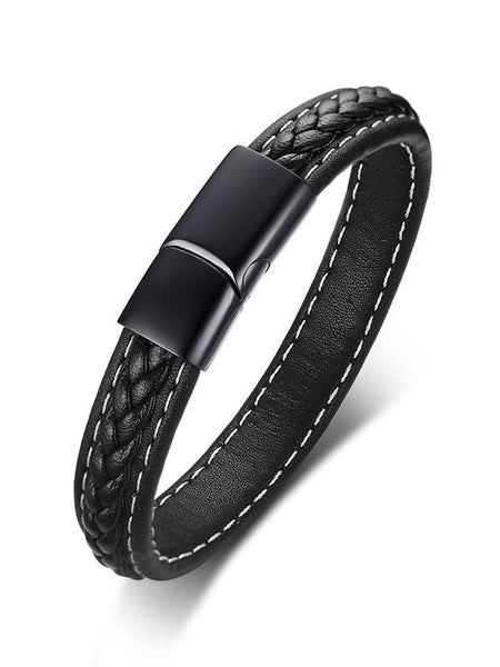 Men's Minimalist Black Leather Bracelet Carousel 1