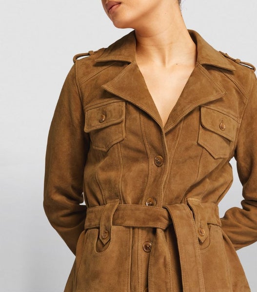 Women's Fashion Brown Waist Belted Suede Leather Jacket Carousel 2