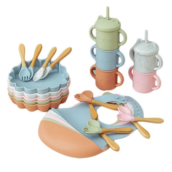 5pcs Baby Silicone Feeding Training learning Tableware Fork Spoon Cup Carousel 2