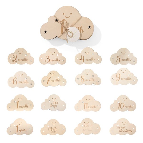 7pcs/set Wooden Baby Monthly Milestone Cards Tassel Double Sided Carousel 1