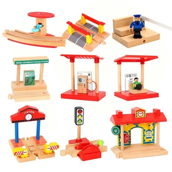 Wooden Railway Track Accessories Gas Station Train Cross Road Block Carousel 2
