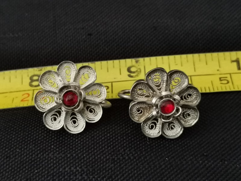 Vintage stg filigree earrings red centre screw fittings or round hook marcasite Carousel 1