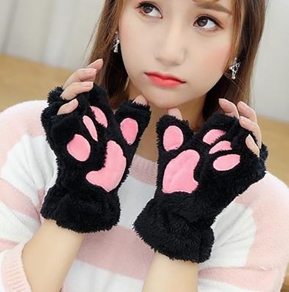 Cat Paw Gloves Winter Cute Cartoon Cat Girl Open Finger Gloves Carousel 2